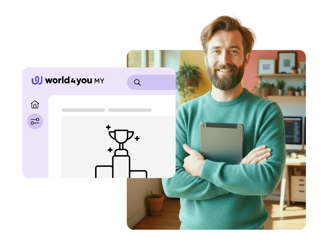 Lächelnde Person im türkisen Oberteil mit Tablet. Daneben ein Overlay der my.world4you Website mit Pokal-Icon.
