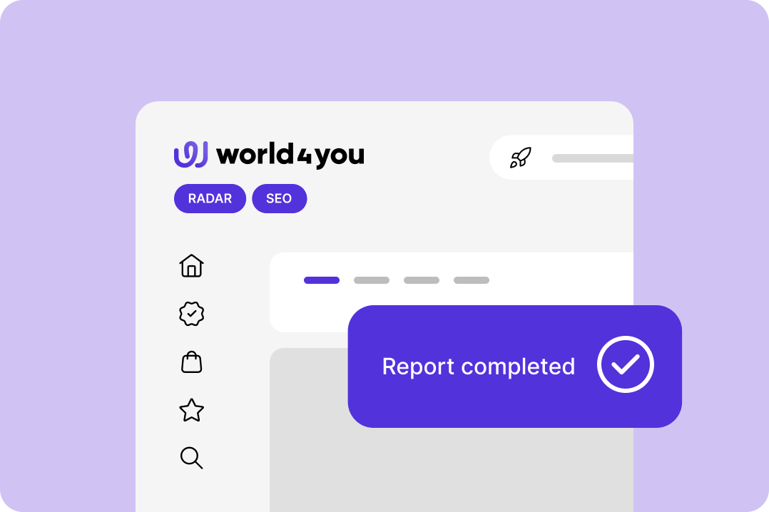 Benutzeroberfläche mit world4you Logo, Radar- und SEO-Badges. Ein Overlay zeigt: Report completed.