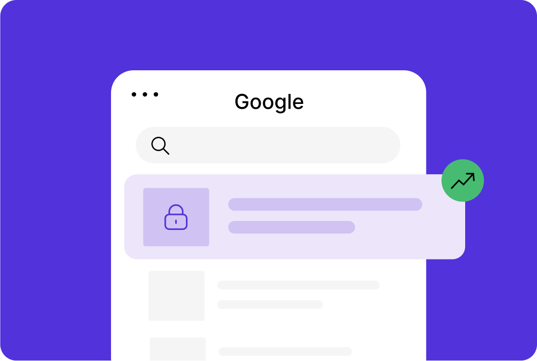 Ein Browserfenster zeigt die Google-Suche, ein Schloss-Symbol und ein grünes Icon mit Pfeil nach oben.