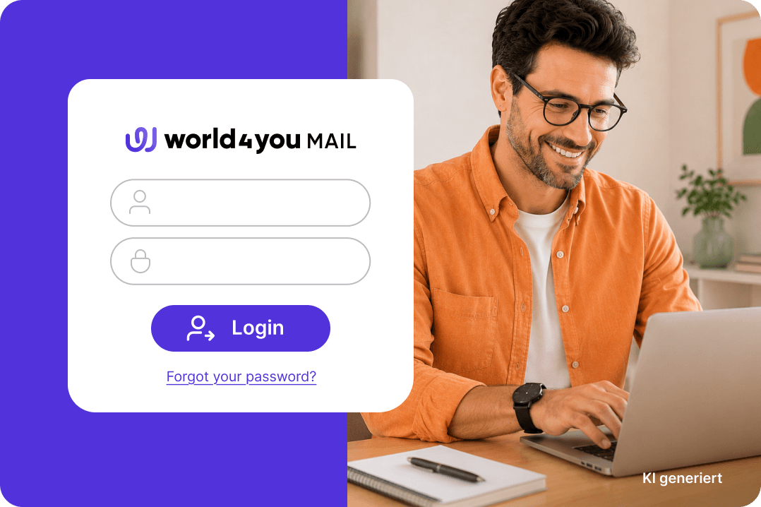 Person im orangen Hemd nutzt Laptop neben world4you MAIL Login-Maske. Hinweis: KI-generierter Inhalt.