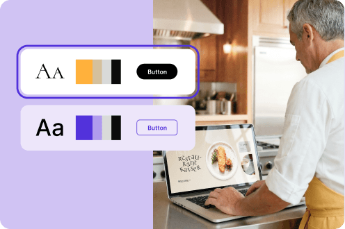 Person in gelber Schürze bedient Laptop mit Website-Editor. Daneben Auswahlfelder für Schriften, Farben und Buttons.