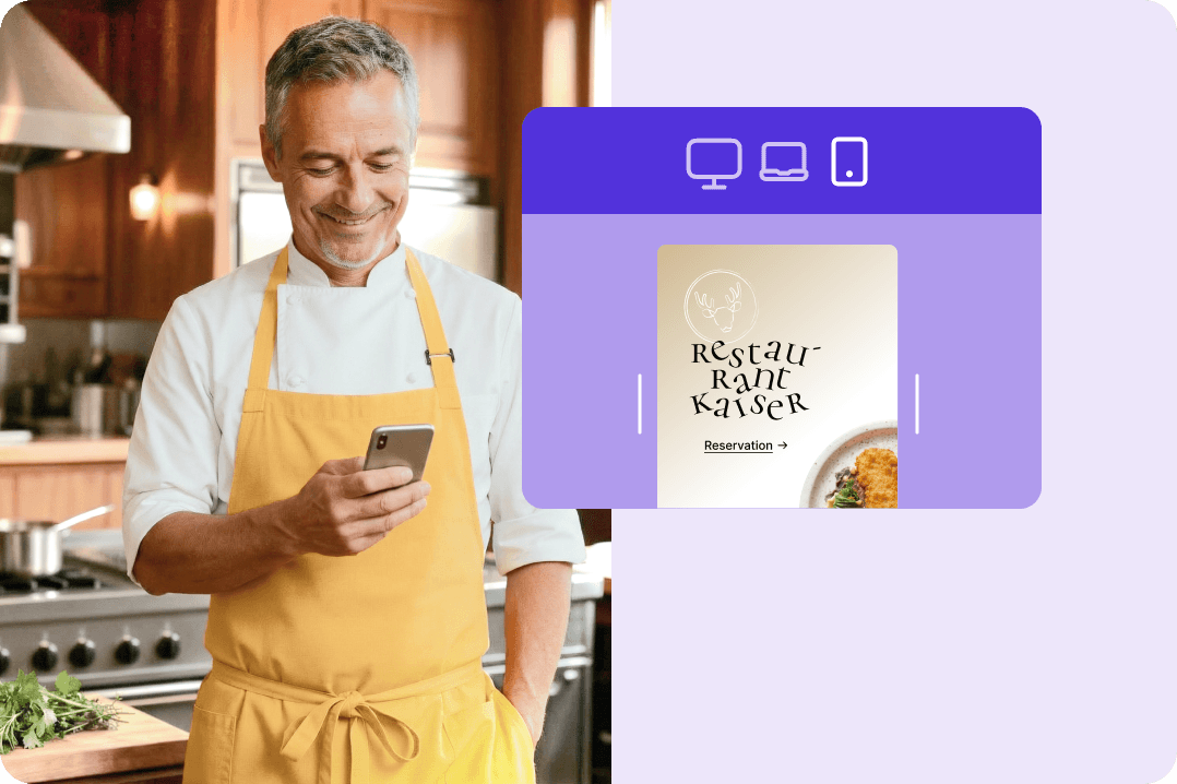 Person in gelber Schürze blickt auf ein Smartphone. Daneben Symbole für die Website-Ansicht auf Monitor, Laptop und Handy.