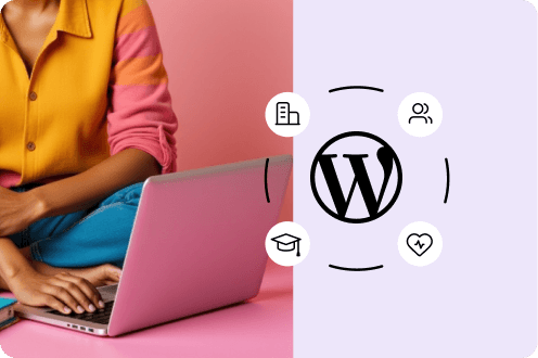 Person im gelben Oberteil am Laptop neben WordPress-Logo und Icons für Business, Bildung, Community und Gesundheit.