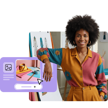 Person im bunten Oberteil bearbeitet Bilder für ihre Website; kreative Gestaltung mit WordPress-Elementen.