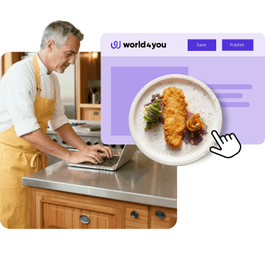 Person in gelber Schürze am Laptop. Daneben ein Website-Editor mit world4you Logo, Speicher-Button und einem Speise-Bild.