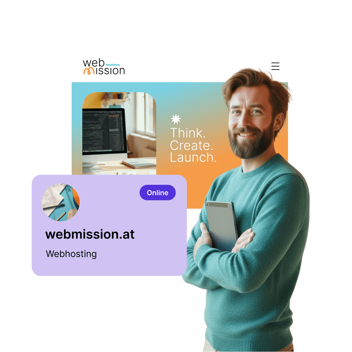 Lächelnde Person in türkisfarbenem Pullover mit Tablet vor eigener Website mit Webhosting (KI-generiertes Bild).