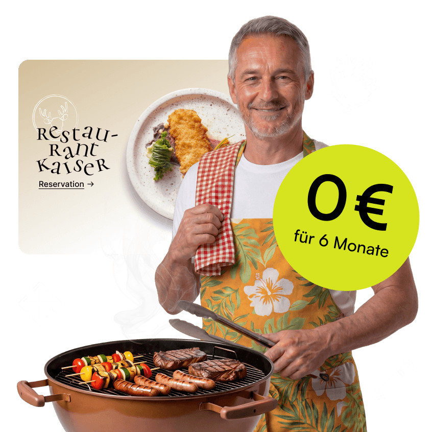 Lächelnde Person in gelber Schürze am Grill mit Fleisch. Text: Restaurant Kaiser, Reservation, 0€ für 6 Monate.