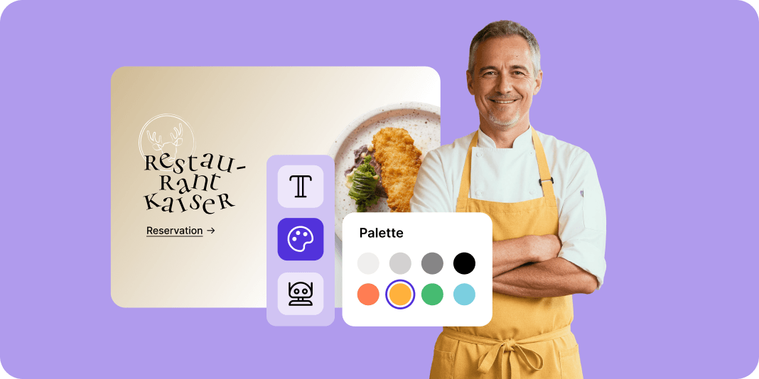 Person in gelber Schürze vor einem Design-Interface für eine Restaurant-Website mit Farbauswahl und Logo-Vorschau.