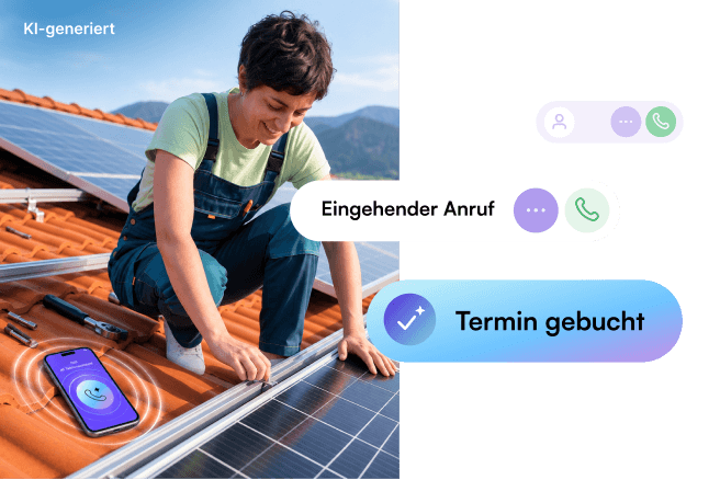 Handwerkerin montiert Solarmodule, während der KI Telefonassistent den Anruf annimmt und einen Termin bucht. KI-generiert.